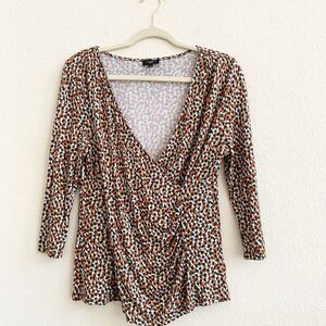 Talbots Faux Wrap Dotted‎ Blue Brown Orange Blouse Long Sleeve Petite Large Top
